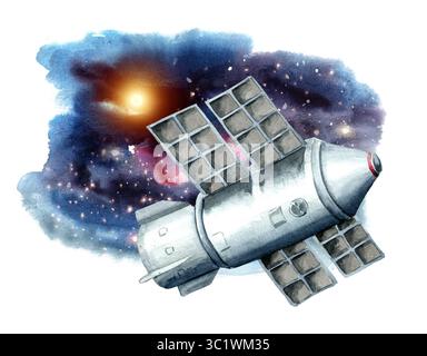 Stazione spaziale nello spazio . Illustrazione ad acquerello disegnata a mano, isolata su sfondo bianco Foto Stock