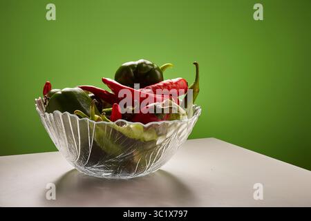 Una ciotola in vetro trasparente riempita con un mix di peperoni verdi e peperoncino rosso. Il recipiente ha un bordo decorativo smerlato. I peperoni sono disposti Foto Stock