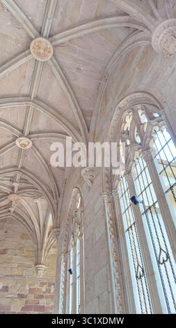 I visitatori potranno ammirare gli splendidi interni della Catedral de Siguenza, in Spagna, con dettagliati archi gotici, alte finestre e ricca architettura storica Foto Stock