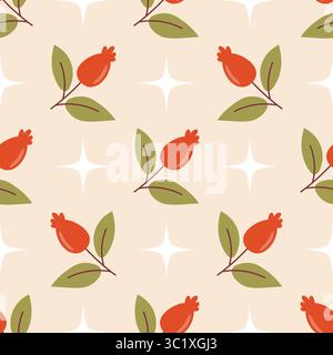 Motivo senza cuciture con ramo di bacche rosehip rosse e stelle disposte in ordine di pois. Elegante design piatto per stampe autunnali, tessuti e carta pr Illustrazione Vettoriale