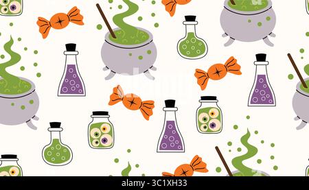 Simpatico motivo Halloween senza cuciture con calandre, provette con veleno, vasetti con oculari e caramelle su sfondo bianco in stile cartoni animati piatto. Divertimento Illustrazione Vettoriale