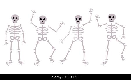 Carino Happy Halloween set di scheletri in piedi e danzanti in varie pose divertenti. Stile cartoni animati piatto con espressioni gioiose. Perfetto per feste per bambini Illustrazione Vettoriale