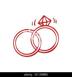 Vettore dell'icona delle fedi nuziali. Cartello illustrativo matrimonio. Due anelli con profilo smerigliato rosso. Illustrazione vettoriale in stile doodle. Illustrazione Vettoriale