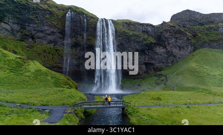 I visitatori potranno ammirare la splendida cascata Seljalandsfoss, circondata da una vegetazione lussureggiante in Islanda. Foto Stock
