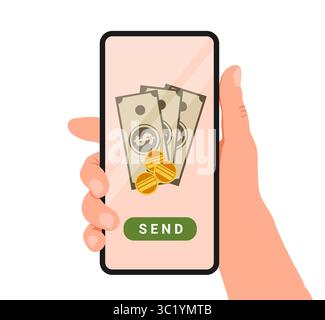 Mano che tiene in mano un telefono con l'app per il trasferimento di denaro online. Invio di denaro online. Pagamento mobile, transazioni online, cashback. Illustrazione vettoriale Illustrazione Vettoriale