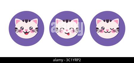 Carino gatto cartoni animati con icone rotonde. Icone piatte dei gattini. Illustrazione vettoriale Illustrazione Vettoriale