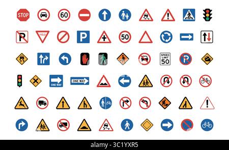 Collezione di segnali stradali e stradali, forme e colori assortiti. concetto di trasporto, sicurezza, guida, norme, simboli stradali, indicazioni stradali, gestione del traffico, set completo. Illustrazione Vettoriale