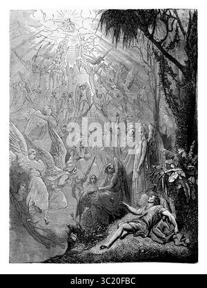 Illustrazione del sogno di Jacob - mentre dorme Jacob ha un sogno da Dio vede gli Angeli salire e scendere una scala che raggiunge il cielo (G Foto Stock