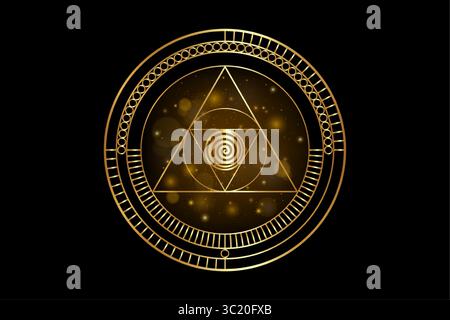 Geometria sacra oro, forme geometriche cerchi e triangoli in proporzione dorata, logo Mystical, icona di lusso, simbolo massonico, spirale magica Illustrazione Vettoriale