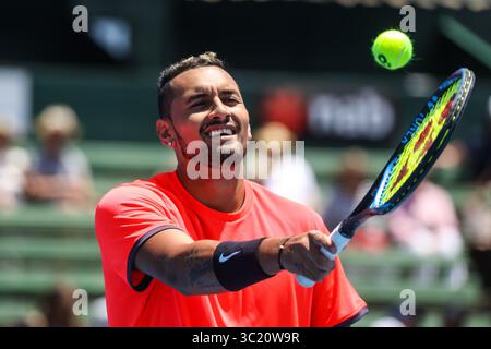 9 gennaio 2019 - MELBOURNE, AUSTRALIA - 9 GENNAIO: Nick Kyrgios (AUS) sorride durante la partita contro Bernard Tomic (AUS) al Kooyong Classic 2019 (Credit Image: © Chris Putnam/ZUMA Wire) Foto Stock