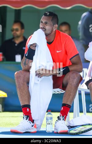 9 gennaio 2019 - MELBOURNE, AUSTRALIA - 9 GENNAIO: Nick Kyrgios (AUS) riposa durante una pausa mentre interpreta Bernard Tomic (AUS) al Kooyong Classic 2019 (Credit Image: © Chris Putnam/ZUMA Wire) Foto Stock