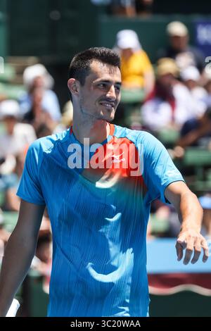 9 gennaio 2019 - MELBOURNE, AUSTRALIA - 9 GENNAIO: Bernard Tomic (AUS) sorride a Nick Kyrgios (AUS) durante il suo match contro il Kooyong Classic 2019 (Credit Image: © Chris Putnam/ZUMA Wire) Foto Stock