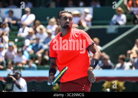 9 gennaio 2019 - MELBOURNE, AUSTRALIA - 9 GENNAIO: Nick Kyrgios (AUS) reagisce durante la partita contro Bernard Tomic (AUS) al Kooyong Classic 2019 (Credit Image: © Chris Putnam/ZUMA Wire) Foto Stock