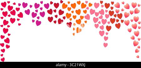 Cuori cadenti in orizzontale su sfondo trasparente. Sfondo di San Valentino con cuori rossi, arancioni e rosa Illustrazione Vettoriale