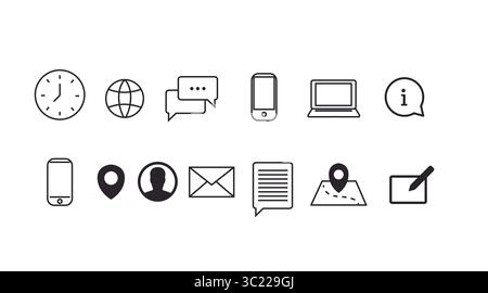 Set icone contatto. Illustrazione vettoriale in bianco e nero modificabile di diverse icone di siti Web e contatti Illustrazione Vettoriale