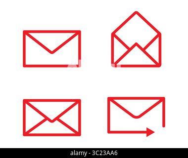 Icona posta in nero. Simboli di consegna della posta. Lettera nella busta. Set di cartelli e-mail in appartamento. Invio della raccolta di icone del messaggio. Icone nere piene. Illustrazione Vettoriale