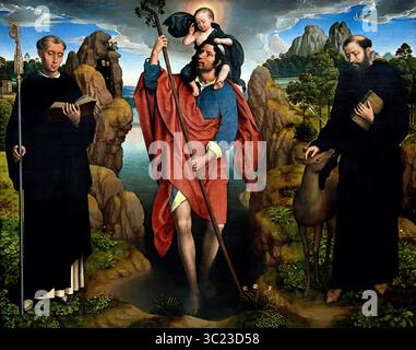 San Cristoforo con il Cristo bambino 1484 di Hans Memling XV secolo presso il museo municipale di Bruges, Belgio, Belgio, fiammingo, ( San Cristoforo è raffigurato mentre trasporta il bambino Cristo attraverso un fiume. ) Hans Memling (c. 1430–1494) è stato un pittore fiammingo della prima tradizione fiamminga, noto per le sue opere religiose e per i ritratti rivoluzionari della classe mercantile emergente, che ha portato la sua reputazione internazionale e influenza in Italia. Fu un artista di successo che fu tra i cittadini più ricchi della città di Bruges alla sua morte Foto Stock