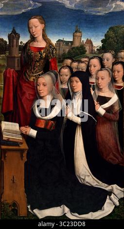 Barbara van Vlaenderbergh con le sue figlie e la Santa Patrona 1484 XV secolo di Hans Memling ( Memlinc ) 1430 – 1494 Germania Groeningemuseum, museo municipale, Bruges, Belgio, fiammingo, Hans Memling (c. 1430–1494) è stato un pittore fiammingo della prima tradizione fiamminga, noto per le sue opere religiose e per i ritratti rivoluzionari della classe mercantile emergente, che ha portato la sua reputazione internazionale e influenza in Italia. Fu un artista di successo che fu tra i cittadini più ricchi della città di Bruges alla sua morte Foto Stock