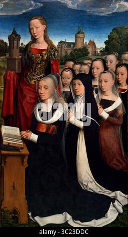 Barbara van Vlaenderbergh con le sue figlie e la Santa Patrona 1484 XV secolo di Hans Memling ( Memlinc ) 1430 – 1494 Germania Groeningemuseum, museo municipale, Bruges, Belgio, fiammingo, Hans Memling (c. 1430–1494) è stato un pittore fiammingo della prima tradizione fiamminga, noto per le sue opere religiose e per i ritratti rivoluzionari della classe mercantile emergente, che ha portato la sua reputazione internazionale e influenza in Italia. Fu un artista di successo che fu tra i cittadini più ricchi della città di Bruges alla sua morte Foto Stock