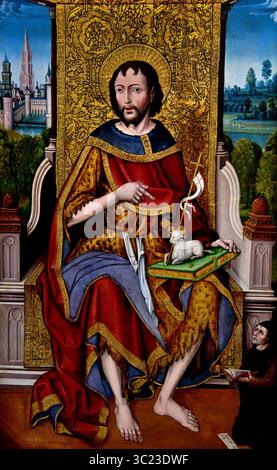 Giovanni Battista con il donatore Ivan de la pena 1451 - circa 1500 XV secolo di Alvaro Sanchez Groeningemuseum, museo municipale, Bruges, Belgio, fiammingo, ( Alvaro Sanchez era un artista che lavorò a Valladolid, Spagna, nella seconda metà del XV secolo. Appartiene alla cosiddetta scuola ispano-fiamminga, il che significa che è stato fortemente influenzato dai primitivi fiamminghi.) Foto Stock