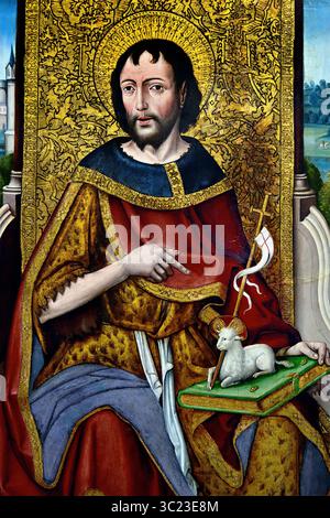 Giovanni Battista con il donatore Ivan de la pena 1451 - circa 1500 XV secolo di Alvaro Sanchez Groeningemuseum, museo municipale, Bruges, Belgio, fiammingo, ( Alvaro Sanchez era un artista che lavorò a Valladolid, Spagna, nella seconda metà del XV secolo. Appartiene alla cosiddetta scuola ispano-fiamminga, il che significa che è stato fortemente influenzato dai primitivi fiamminghi.) Foto Stock