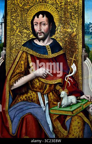 Giovanni Battista con il donatore Ivan de la pena 1451 - circa 1500 XV secolo di Alvaro Sanchez Groeningemuseum, museo municipale, Bruges, Belgio, fiammingo, ( Alvaro Sanchez era un artista che lavorò a Valladolid, Spagna, nella seconda metà del XV secolo. Appartiene alla cosiddetta scuola ispano-fiamminga, il che significa che è stato fortemente influenzato dai primitivi fiamminghi.) Foto Stock