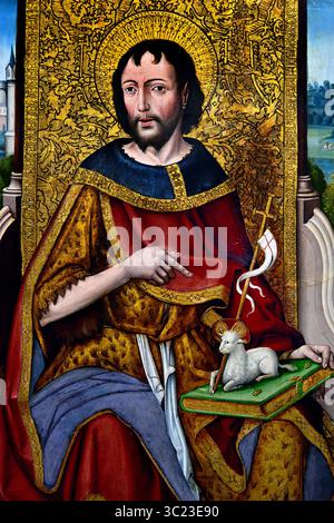 Giovanni Battista con il donatore Ivan de la pena 1451 - circa 1500 XV secolo di Alvaro Sanchez Groeningemuseum, museo municipale, Bruges, Belgio, fiammingo, ( Alvaro Sanchez era un artista che lavorò a Valladolid, Spagna, nella seconda metà del XV secolo. Appartiene alla cosiddetta scuola ispano-fiamminga, il che significa che è stato fortemente influenzato dai primitivi fiamminghi.) Foto Stock