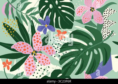 Moderna illustrazione di piante e frutti esotici della giungla in vettoriale. Illustrazione Vettoriale