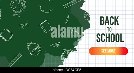 Modello per striscioni Back to School con lavagna verde e materiale scolastico delineato su sfondo cartaceo. Illustrazione vettoriale per progetti e promozioni a tema didattico Illustrazione Vettoriale