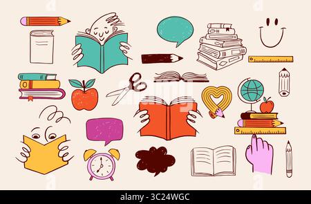 Colorata collezione di illustrazioni Back to School disegnate a mano. Libri e forniture scolastiche cartoni animati e set di icone. Illustrazione Vettoriale