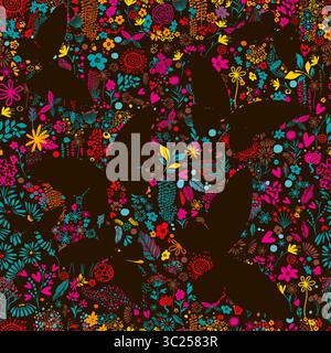 Motivo senza cuciture con piccoli fiori e farfalle. Disegno a mano. Non ai, illustrazione vettoriale Illustrazione Vettoriale