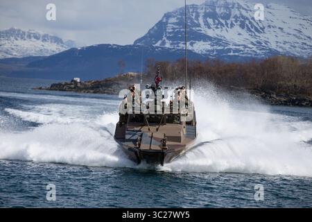 9 maggio 2019 - Harstad, Norvegia - Marines statunitensi con 1st Platoon, 1st Reconnaissance Battalion, 1st Marine Division, Marines con 1st Platoon, Force Reconnaissance Company, II Marine Expeditionary Force e il Norwegian Coastal Ranger Commando (KJK) conducono esercitazioni di imbarcazioni da assalto veloci classe CB90 durante l'esercitazione Platinum Ren a Fort Trondennes, Harstad, Norvegia, 8 maggio 2019. Il CB90 è una classe di velivoli da assalto militari veloci da 500 cavalli in grado di eseguire curve estremamente strette a velocità elevate e decelerare dalla massima velocità fino a un arresto completo in 2,5 lunghezze di imbarcazione, consentendo alle imbarcazioni di operare in condizioni di pr ravvicinate Foto Stock