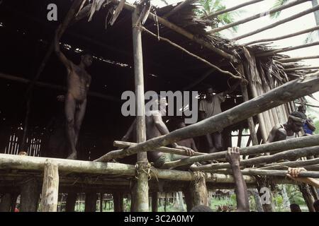 19 gennaio 2019 - popolo Asmat: Gruppo etnico che vive nella provincia di Papua in Indonesia, lungo il mare di Arafura. La Long House di Odjanep. Fotografia scattata da Francois Gohier nel 1976. (Immagine di credito: © Francois Gohier / Vwpics/VW Pics tramite cavo ZUMA) Foto Stock