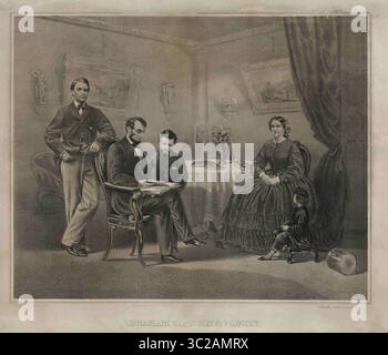 10 maggio 2007 - USA - Abraham Lincoln e la famiglia, da sinistra Robert Lincoln, Abraham Lincoln, William Lincoln, Mary Todd Lincoln, Thomas Lincoln, disegnato da H.A. Thomas, pubblicato da William C. Robertson, 1865 (Credit Image: © JT Vintage/Glasshouse via ZUMA Wire) Foto Stock
