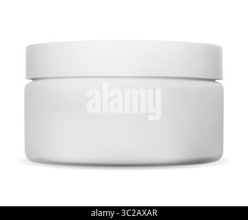 Vaschetta cosmetica bianca vuota. Pulire il modello del flacone rotondo. Mock-up confezione crema viso, design moderno e minimalista per la presentazione delle etichette. Realistico Illustrazione Vettoriale