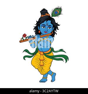 Carino Cartoon Lord Krishna che gioca al flauto Illustrazione Vettoriale