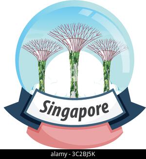 Illustrazione vettoriale degli iconici superalberi di Singapore all'interno di un globo di neve. Presenta colori vivaci e un design pulito e moderno Illustrazione Vettoriale