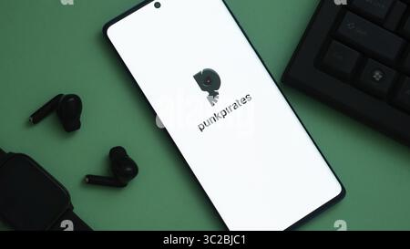 Telefono con schermo bianco con logo punk pirati, airpods e smartwatch sulla superficie verde Foto Stock