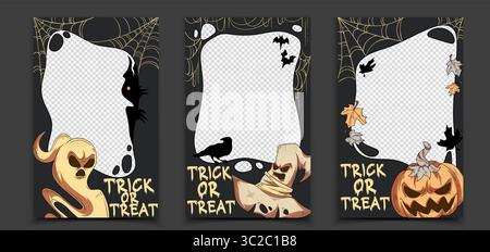 Modelli di cornici per i social media di Halloween: Bordi di foto spaventosi con testo trick o chatta, cappello da fantasma e strega, pipistrelli e corvo, ragnatele e zucche. Post da festa gotico scuro di ottobre o story design . Illustrazione Vettoriale