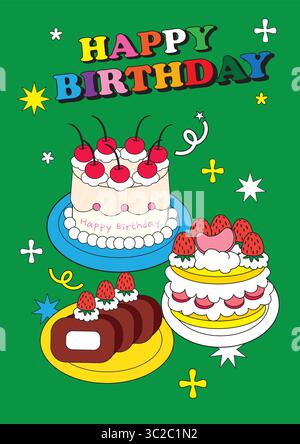 Divertente illustrazione vettoriale di torte di compleanno, dessert e vivace testo "buon compleanno" su sfondo verde. Ideale per grafica e design per feste Illustrazione Vettoriale