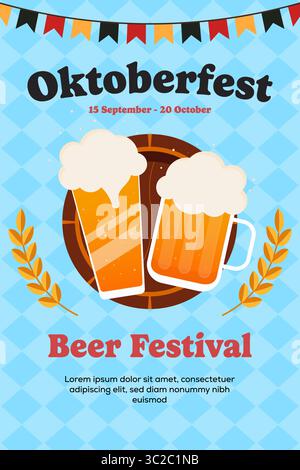 illustrazione del poster del festival della birra oktoberfest in stile piatto Illustrazione Vettoriale