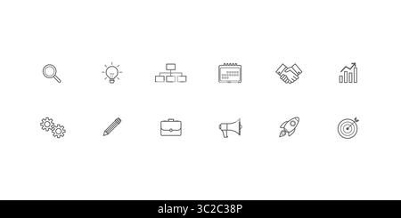 Set di icone della linea di business. icone web in stile linea. Analisi, idea, contatto, ufficio, startup, strategia, contabilità, infografica. Illustrazione vettoriale Illustrazione Vettoriale