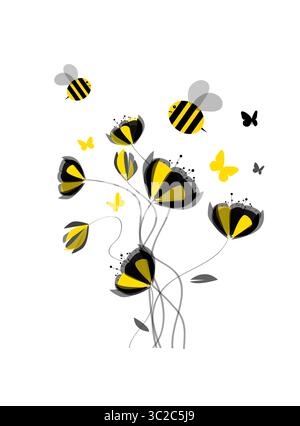 Fiori e api astratti di colore giallo nero. disegnato a mano. Non ai, Vector Illustrazione Vettoriale