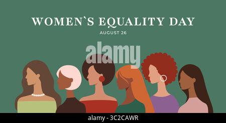 Poster piatto Vector per donne Equality Day con silhouette femminili multirazziali. Illustrazione Vettoriale