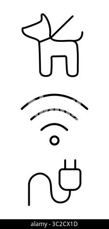 Set di semplici icone vettoriali: Simboli cane, wi-fi e plug con contorno nero, isolati su sfondo bianco. Illustrazione Vettoriale