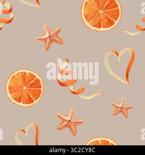 Fetta di arancia con buccia a forma di cuore e motivo a stella marina senza cuciture. Illustrazione estiva con acquerello su sfondo marrone chiaro. Ideale per tessuti o. Foto Stock