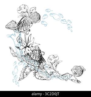 Fragola bacche da giardino mature che volano in acqua spruzza foglie fiori, pinola fresca fragola serpente, gocce di rugiada umide e umide. Isolato Illustrazione Vettoriale