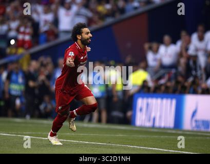 1° giugno 2019 - Madrid, Spagna - il Liverpool Mohamed Salah celebra dopo aver segnato un gol durante la finale della partita di UEFA Champions League tra il Tottenham Hotspur FC e il Liverpool FC allo stadio Wanda Metropolitano di Madrid..risultato finale: Tottenham Hotspur FC 0 - 2 Liverpool FC. (Immagine di credito: © immagini Manu Reino/SOPA tramite cavo ZUMA) Foto Stock