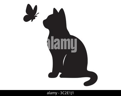 Silhouette nera di gatto seduto e farfalla isolata su sfondo bianco, illustrazione grafica. concetto di animale domestico, gattino carino, animale domestico, icona, Illustrazione Vettoriale