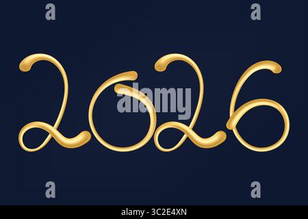 Numeri 3D dorati stilizzati 2026 con curve e vortici eleganti. Perfetto per biglietti d'auguri, striscioni e grafica di Capodanno. Illustrazione Vettoriale